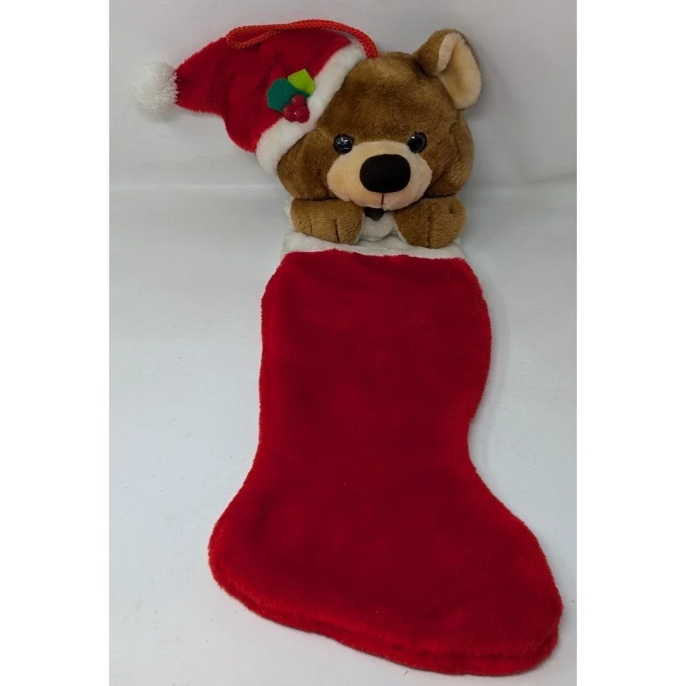 Vintage‎ Jasco Christmas Stocking 3D Plush Bear with Santa Hat Smithy